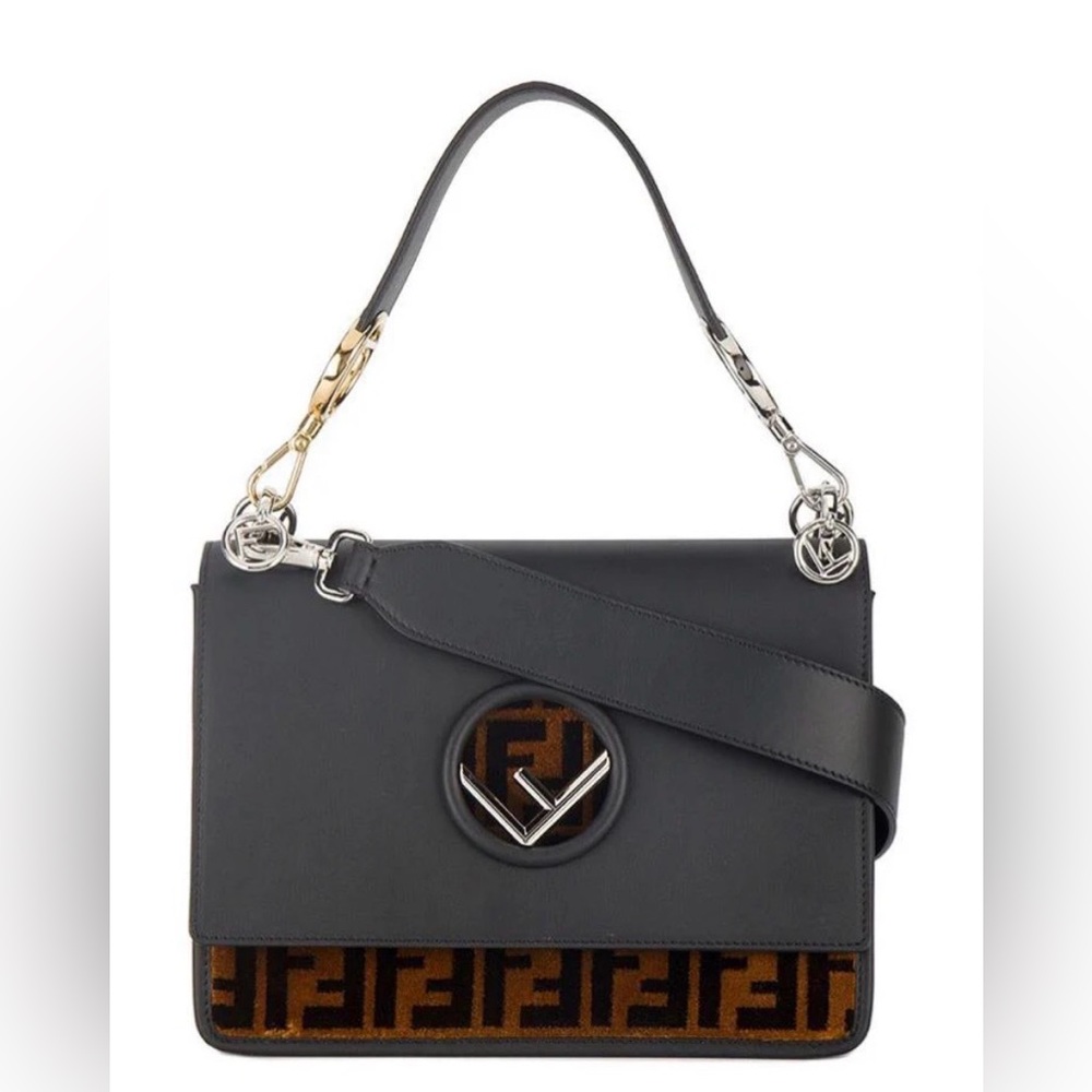 Authentic FENDI Kan I Leather FF velvet shoulder bag excellent condition